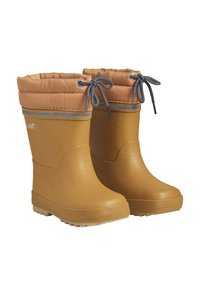 Bottes en caoutchouc jaunes avec une doublure rembourrée marron, un cordon gris et des semelles texturées pour l'adhérence. Comprend un accent argenté et un détail de logo.