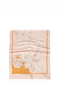 Szalik w kwiatowy wzór w bladym różu z szarymi liśćmi i żywą pomarańczową ramką. Miękka tkanina z delikatnymi, teksturowanymi akcentami.