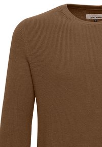 Brown knitted sweater with a round neckline, long sleeves, and a textured fabric. Features a label indicating size 'L'.