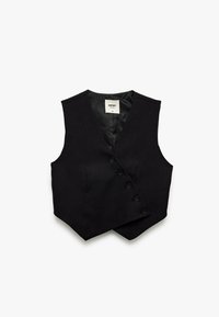 Czarna kamizelka z dekoltem w serek, pięcioma guzikami z przodu, dopasowanym krojem i gładką podszewką, wykonana z miękkiego materiału.
