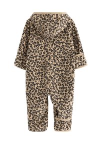 Leopardmuster-Einteiler aus beigem Fleece mit Kapuze, ausgestattet mit schwarzen Flecken und umgeschlagenen Bündchen. Weicher Stoff und vollständiger Schutz durch das Design.