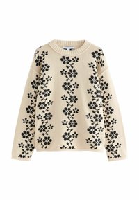 Pull crème avec un motif floral noir, col rond côtes, coupe décontractée et épaules tombantes. Texture tricotée avec des manches longues.