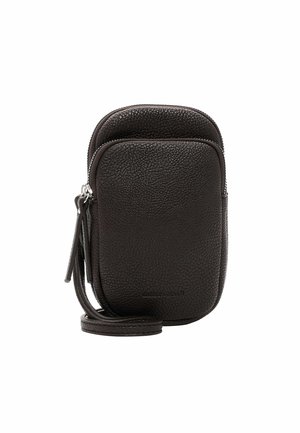 Compact dark brown leather crossbody bag with a textured finish, zippered compartments, and an adjustable strap for versatile carrying.