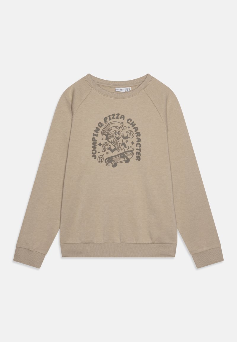 Felpa beige con maniche lunghe a raglan, polsini e orlo a costine. Presenta una stampa grafica di un personaggio dei cartoni animati su uno skateboard.