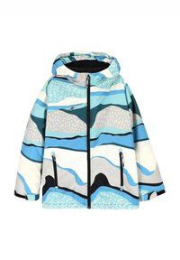 Lekka kurtka z kapturem, ozdobiona wielokolorowym abstrakcyjnym wzorem fal w odcieniach niebieskiego, szarości i czerni; posiada zapinane na zamek kieszenie z przodu.