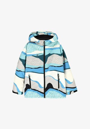 Lekka kurtka z kapturem, ozdobiona wielokolorowym abstrakcyjnym wzorem fal w odcieniach niebieskiego, szarości i czerni; posiada zapinane na zamek kieszenie z przodu.