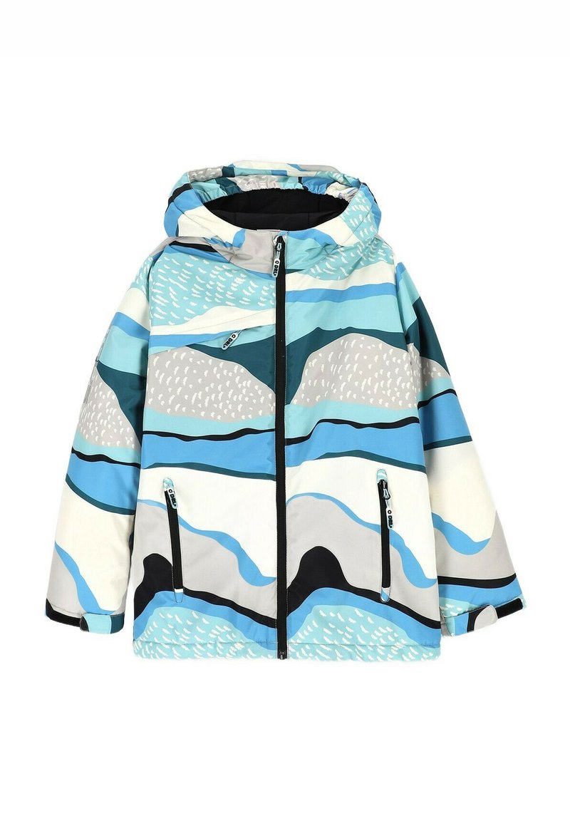 Lekka kurtka z kapturem, ozdobiona wielokolorowym abstrakcyjnym wzorem fal w odcieniach niebieskiego, szarości i czerni; posiada zapinane na zamek kieszenie z przodu.