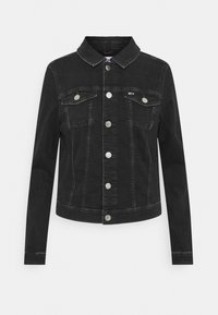Black denim jacket with a classic collar, front button closure, two chest pockets, and silver hardware accents. Features a fitted silhouette.