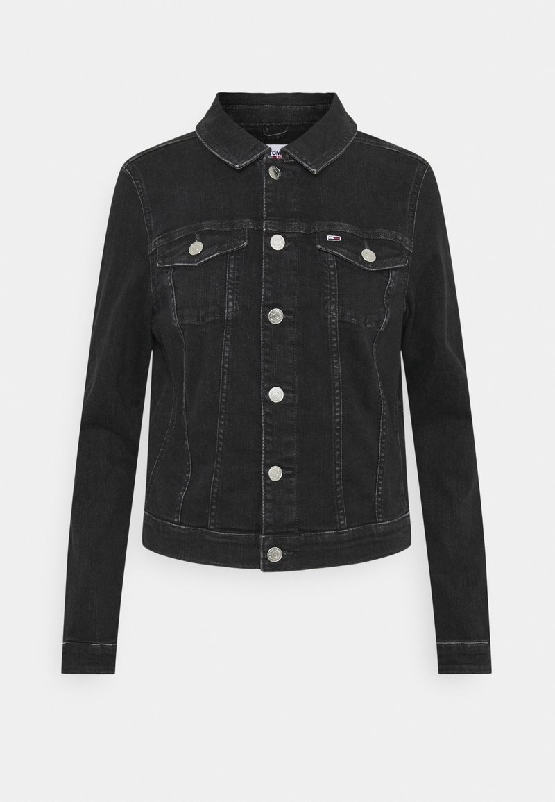 Black denim jacket with a classic collar, front button closure, two chest pockets, and silver hardware accents. Features a fitted silhouette.