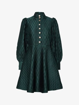 Green textured dress with a high collar, long puff sleeves, and a flared skirt, featuring decorative silver buttons down the front.