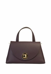 Borsa a tracolla in pelle viola con un design strutturato, parte superiore arrotondata, hardware circolare dorato e manici corti, caratterizzata da una superficie testurizzata.