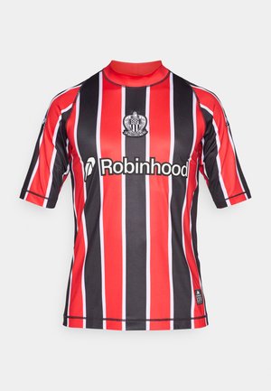 Red and black striped football shirt with short sleeves, featuring a round neckline and logo accents. "Robinhood" text across the front.