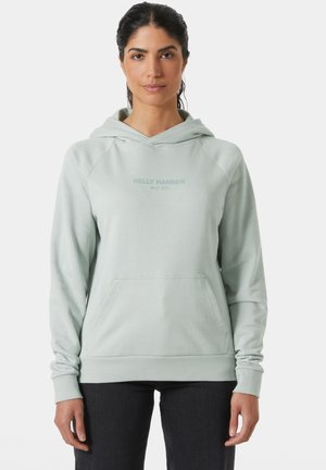 Mintgroene hoodie van zacht materiaal, met een voorzak, trekkoordkap en het Helly Hansen-logo gedrukt op de borst.
