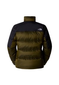 Moderni puhvjakke, joka on oliivinvihreä vartalon osalta ja mustassa korkeassa kauluksessa. Kangas on sileä ja kiiltävä, ja siinä on vaakasaumat.