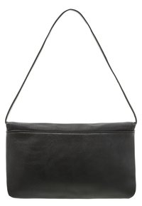 Černá kabelka s hladkým koženým tělem a texturovaným látkovým vrškem. Obsahuje tenký, nastavitelný popruh na rameno a minimalistický design.