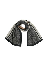 Sciarpa con colori nero e beige, caratterizzata da un motivo a pelle di coccodrillo. I bordi hanno rifiniture nere e una texture particolare. Tessuto leggero.