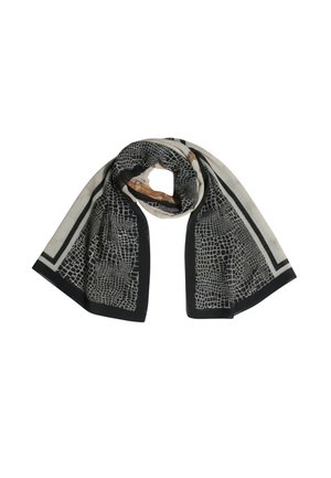 Sciarpa con colori nero e beige, caratterizzata da un motivo a pelle di coccodrillo. I bordi hanno rifiniture nere e una texture particolare. Tessuto leggero.