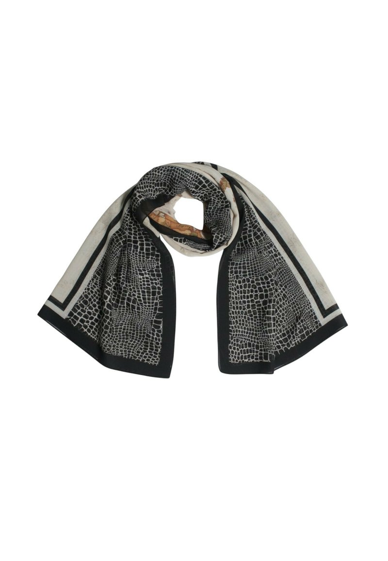 Sciarpa con colori nero e beige, caratterizzata da un motivo a pelle di coccodrillo. I bordi hanno rifiniture nere e una texture particolare. Tessuto leggero.