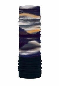 Multifunktionaler Halswärmer aus weichem Stoff. Mit abstraktem Muster in dunklem Blau, Schwarz und Orangetönen. Glatte Textur, dehnbares Design.