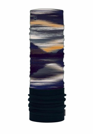 Multifunktionaler Halswärmer aus weichem Stoff. Mit abstraktem Muster in dunklem Blau, Schwarz und Orangetönen. Glatte Textur, dehnbares Design.