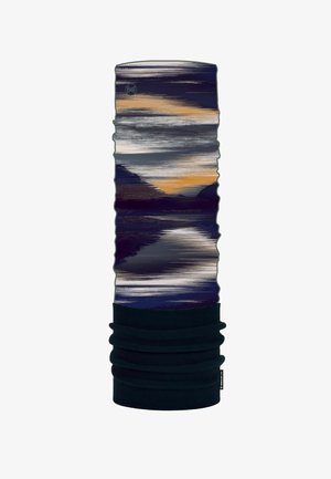 Gaiter de cuello multifuncional en tela suave. Presenta un patrón abstracto en tonos azul oscuro, negro y naranja. Textura suave, diseño elástico.