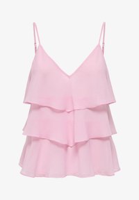 Top sin mangas de gasa en capas de color rosa claro con finas tirantes de espagueti ajustables y escote en V.
