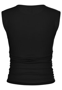 Black sleeveless top with a smooth texture, fitted shape, and gathered detailing at the sides. Round neckline at the back.