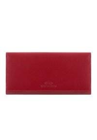 Portafoglio in pelle rossa con texture liscia, di forma rettangolare e logo impresso sul frontale. La chiusura presenta un design a pattina semplice.