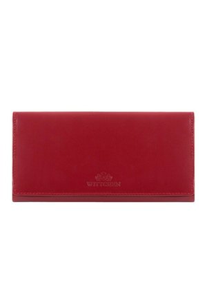 Red leather wallet with a smooth texture, rectangular shape, and logo embossed on the front. Closure features a simple flap design.