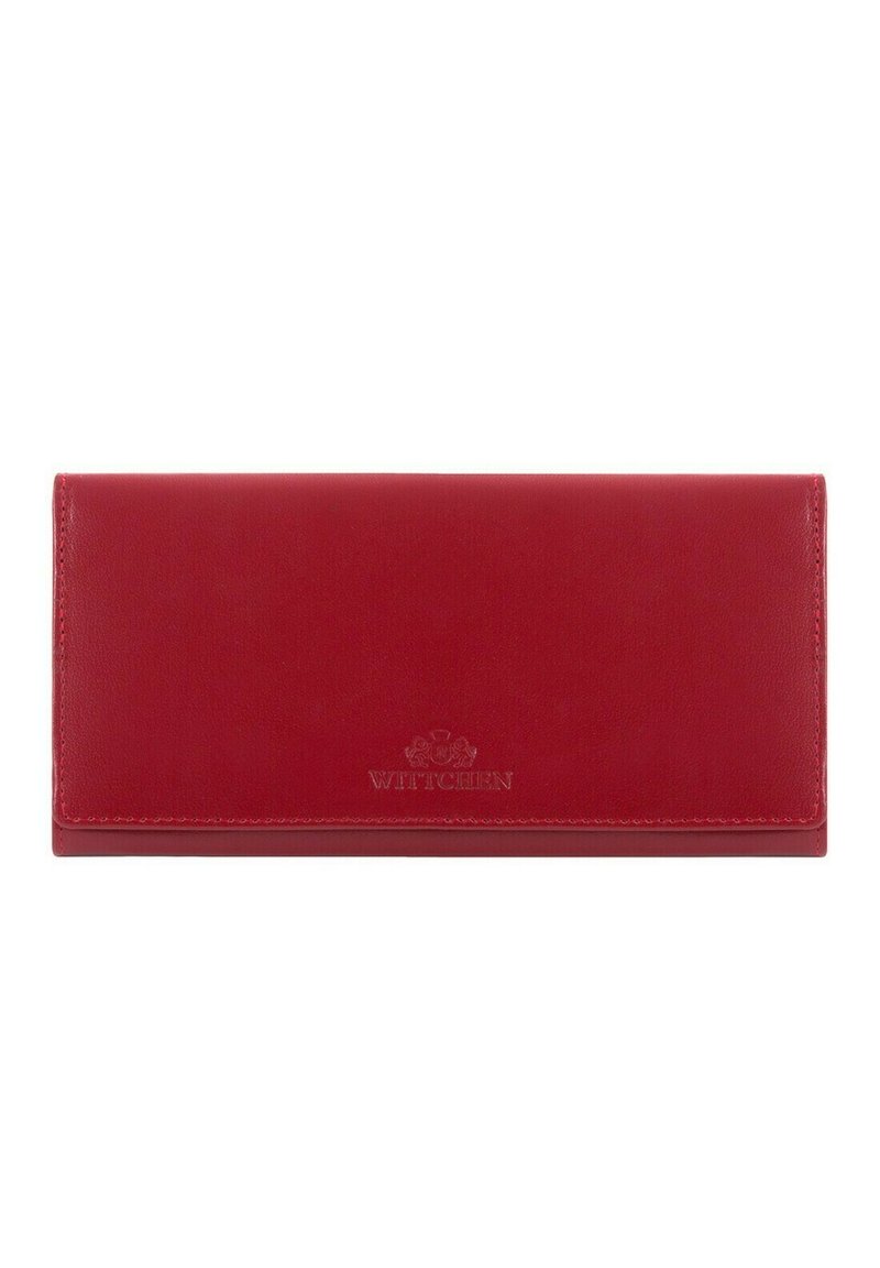 Portafoglio in pelle rossa con texture liscia, di forma rettangolare e logo impresso sul frontale. La chiusura presenta un design a pattina semplice.