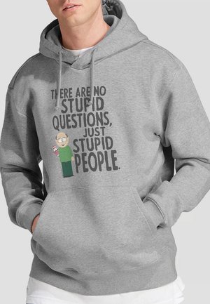 Gray hoodie made of cotton blend, featuring a graphic print of a character holding a drink and bold text stating humorously about questions and people.