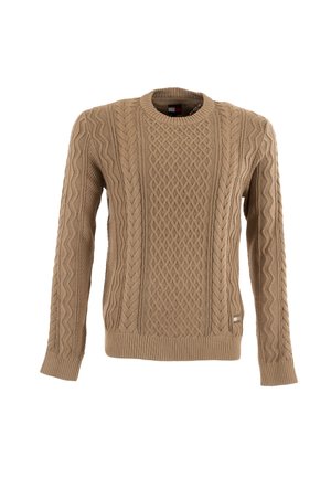 Maglione marrone lavorato a maglia con scollatura rotonda, caratterizzato da motivi a treccia testurizzati e polsini e orlo a coste. Realizzato in materiale morbido e resistente.