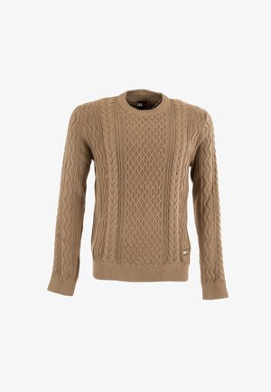 Maglione marrone lavorato a maglia con scollatura rotonda, caratterizzato da motivi a treccia testurizzati e polsini e orlo a coste. Realizzato in materiale morbido e resistente.