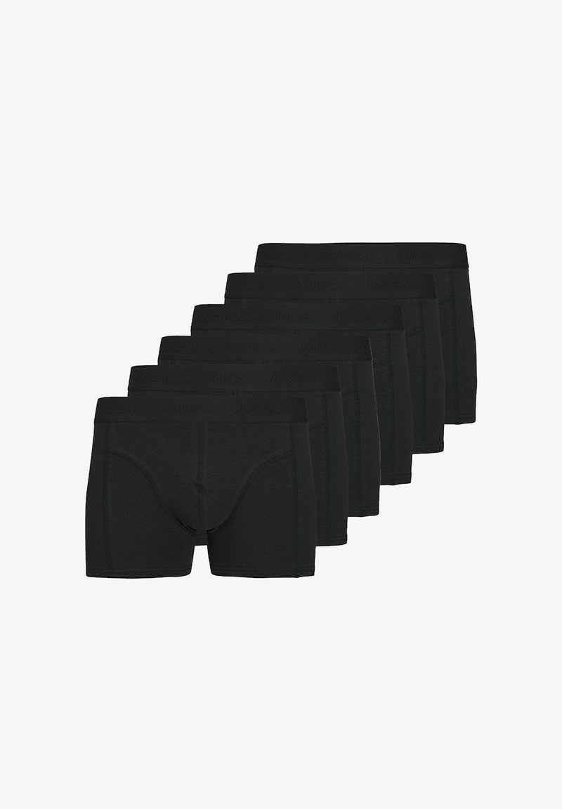 Schwarze Baumwoll-Boxershorts, mit einem weichen Bund und Markenlogo, in einer gestapelten Anordnung präsentiert, die Design und Passform betont.