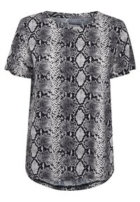 Top de manga corta con estampado de serpiente en blanco y negro, con un corte holgado, cuello redondo y una textura sutil en toda la tela.