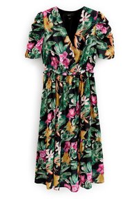 Abito floreale con sfondo nero, vivaci foglie verdi e fiori rosa/gialli. Maniche a sbuffo, scollatura a V profonda e vita elasticizzata.