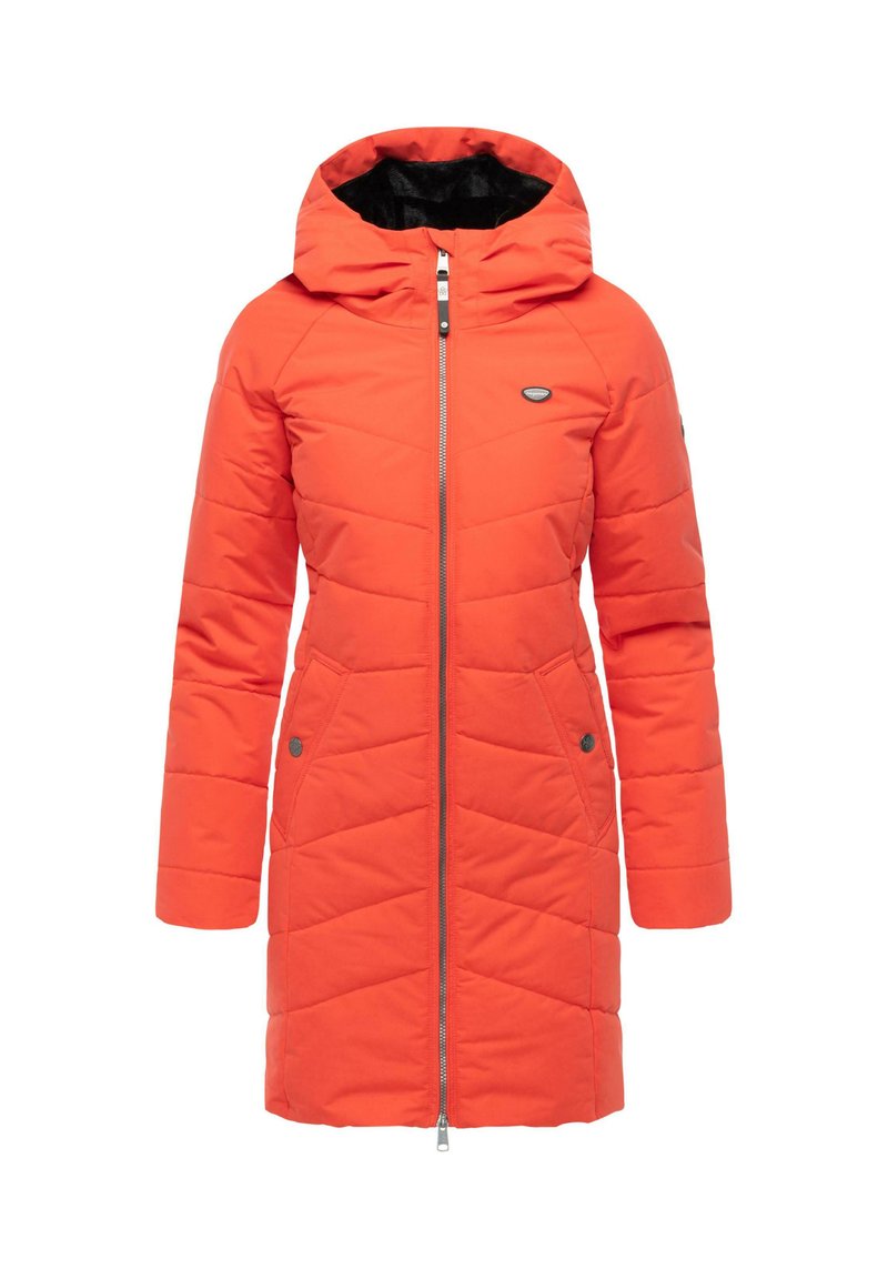 Quiltad orange vinterjacka med huva, främre dragkedja och sidofickor. Har ett diamantmönster och kontrasterande svart foder.