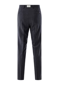 Dunkelgraue Hose aus strukturiertem Stoff, mit maßgeschneiderter Passform, zwei Gesäßtaschen mit Knöpfen und einem Etikett am Bund.