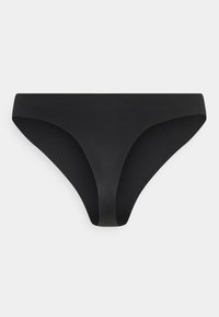 Czarny dół bikini wykonany z gładkiego, elastycznego materiału. Posiada minimalne krycie, z niskim stanem i bezszwowym wykończeniem.
