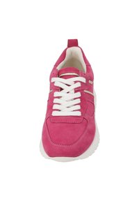 Pink suede sneaker featuring white laces, padded collar, and white rubber sole. Notable gold accents on the sides add detail.