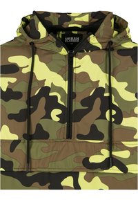 Hooded sweatshirts i grön och gul kamouflage med frontdragkedja, dragsko, och lätt, strukturerad tyg.