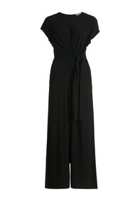Zwarte jumpsuit met korte mouwen, een strikdetail bij de taille en wijde broekspijpen. Gemaakt van een zachte, vloeiende stof zonder zichtbare patronen.