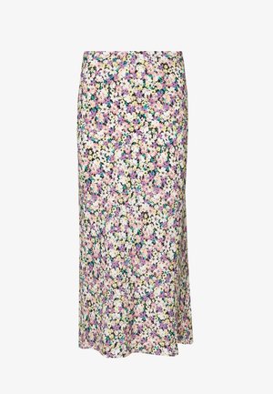 Blomster maxi nederdel med et flerfarvet mønster af lilla, hvide og gule blomster på en sort baggrund; glat stoftekstur.