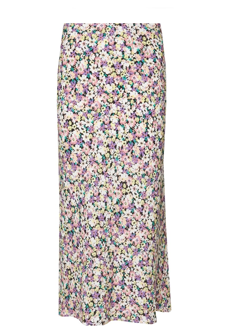 Jupe longue fleurie présentant un motif multicolore de fleurs violettes, blanches et jaunes sur un fond noir ; texture de tissu lisse.