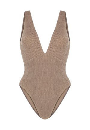 Yhdisteknittinen uimapuku taupe-värissä, jossa on syvä V-kaula-aukko ja leveät hihnat. Uimapuku on valmistettu teksturoidusta kankaasta, ja siinä on korkea lahkeensuu.