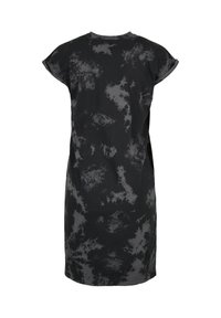 Robe noire longueur genou avec motif tie-dye gris et manches courtes retroussées, vue de dos sur fond blanc.