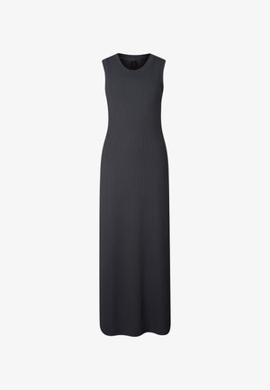 Sleeveless, long black ribbed dress with a round neckline and fitted silhouette.