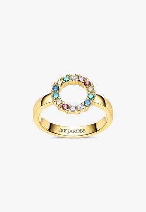 Guldring med et cirkulært design sættet med multifarvede sten: blå, grøn, pink, lilla og klar. Indgraveret mærkenavn indeni.