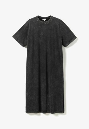 Vestido tipo camiseta negro de manga corta hasta la rodilla con escote redondo y aberturas laterales, fabricado en algodón lavado.