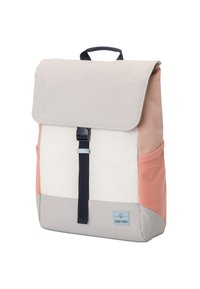 Hátizsák, hajtogatott fedéllel, tartós anyagból készült, bézs, rózsaszín és szürke színek keverékével, tengerészkék pánttal és logóval.